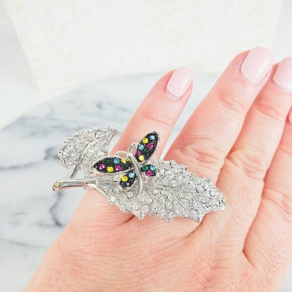 Crystal Butterfly on Leaf Two Finger Ring - Picture 1 of 4